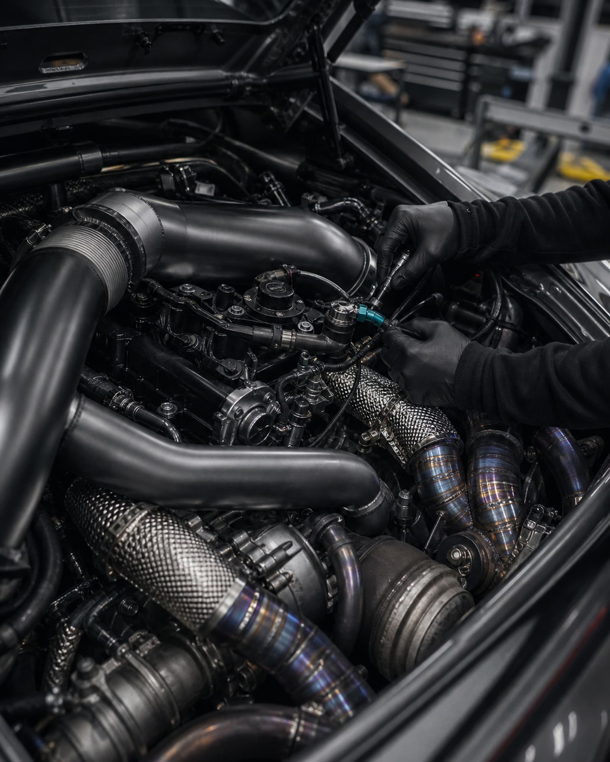 Engine bay during a performance build